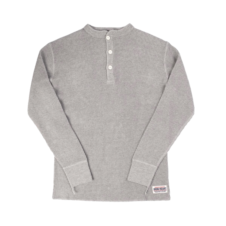 Iron Heart Waffle Knit Long Sleeved Thermal Henley in Grey