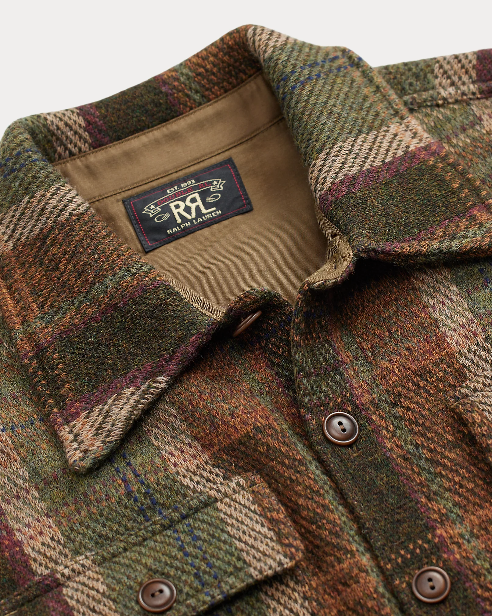 Double RL - Plaid Wool-Cashmere Workshirt Sweater in Olive Multi