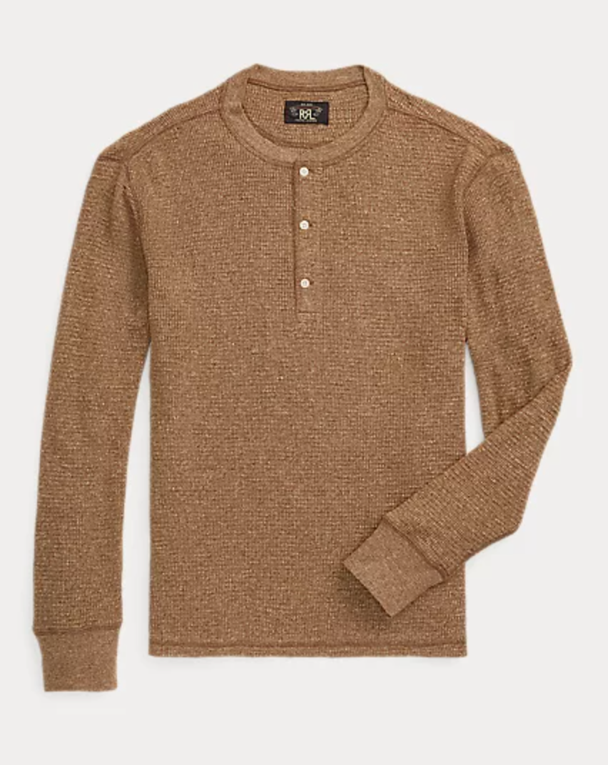 Double RL Waffle Knit Henley Shirt in Brown Heather Fountainhead NY
