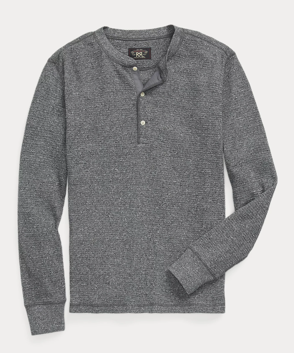 Double RL - Garment-Dyed Waffle-Knit Henley Shirt in Charcoal