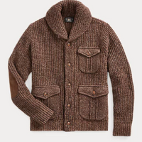 Double RL - Suede-Trim Marled Shawl Cardigan in Brown Tan Marl