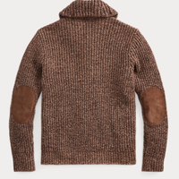 Double RL - Suede-Trim Marled Shawl Cardigan in Brown Tan Marl