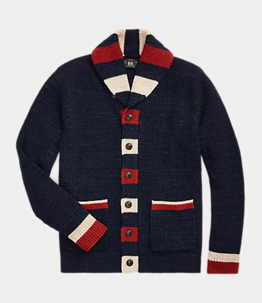 Double RL - Striped-Trim Cotton-Wool Cardigan in Dark Indigo Double RL - Striped-Trim Cotton-Wool Cardigan in Dark Indigo