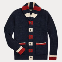 Double RL - Striped-Trim Cotton-Wool Cardigan in Dark Indigo Multi