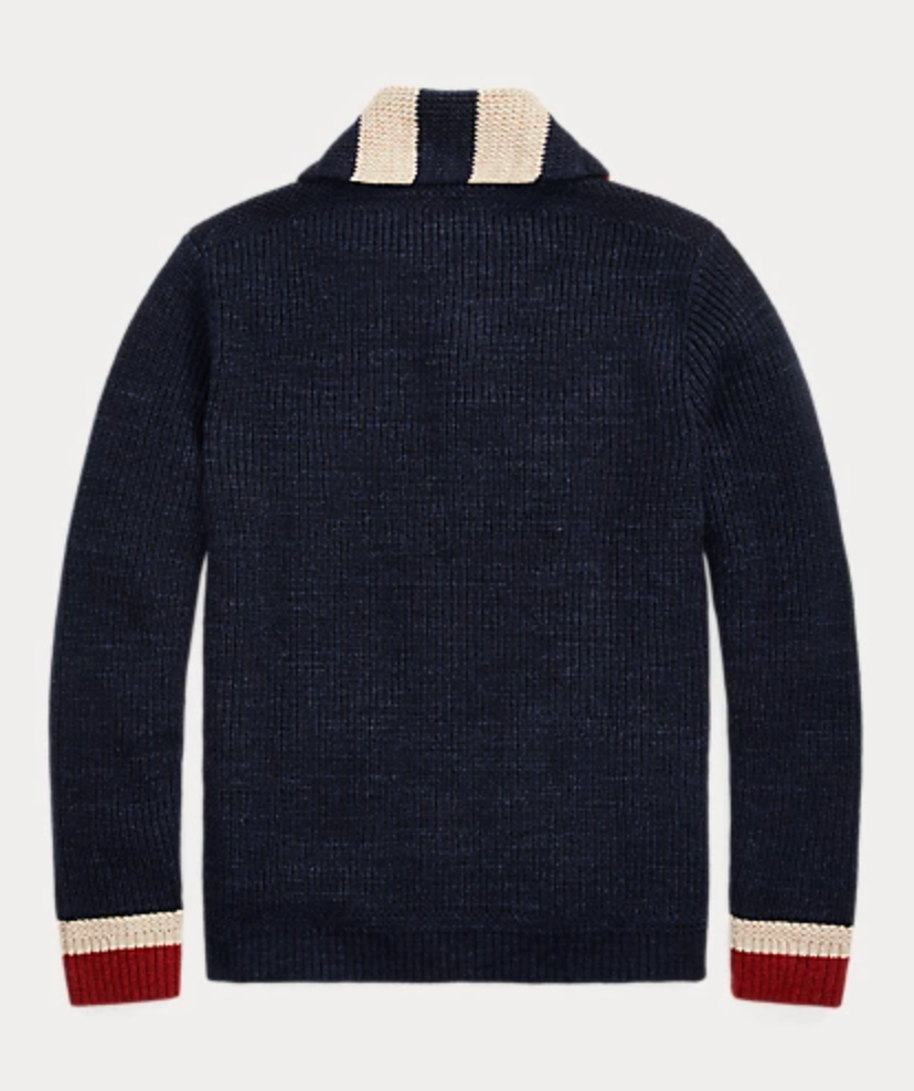 Double RL - Striped-Trim Cotton-Wool Cardigan in Dark Indigo Double RL - Striped-Trim Cotton-Wool Cardigan in Dark Indigo
