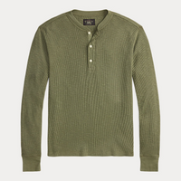 Double RL - Garment-Dyed Waffle-Knit Henley Shirt in Tree Green