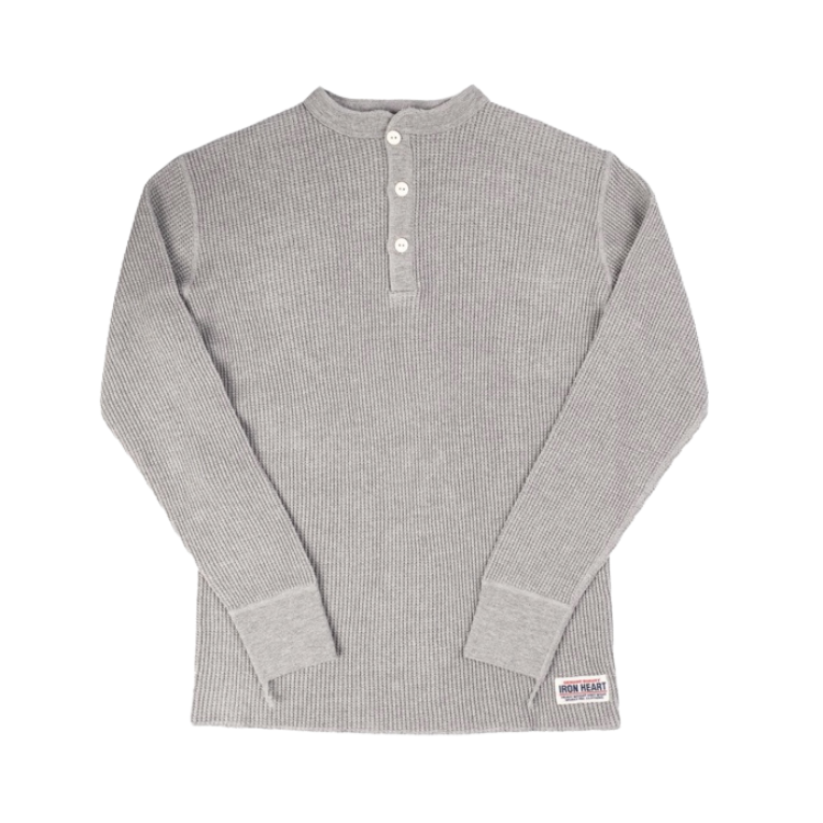 Iron Heart - Waffle Knit Long Sleeved Thermal Henley in Grey