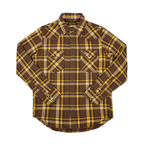 Iron Heart - Ultra Heavy Flannel Crazy Check Western Shirt - Brown