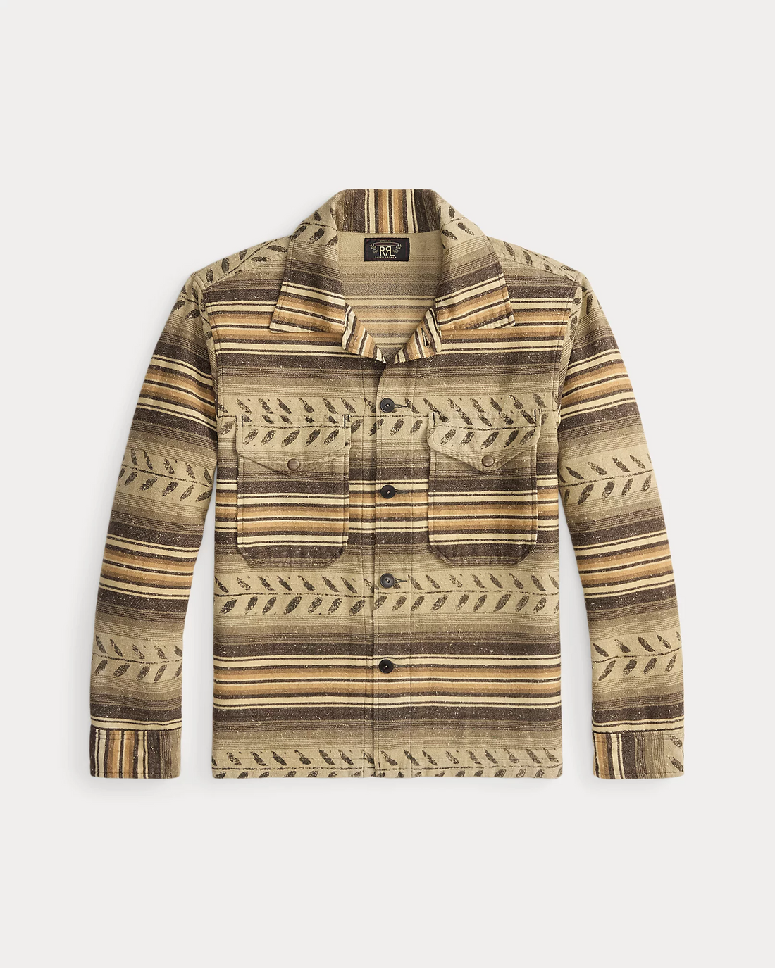 Double RL - Leaf-Print Striped Twill Overshirt - Grey/Brown
