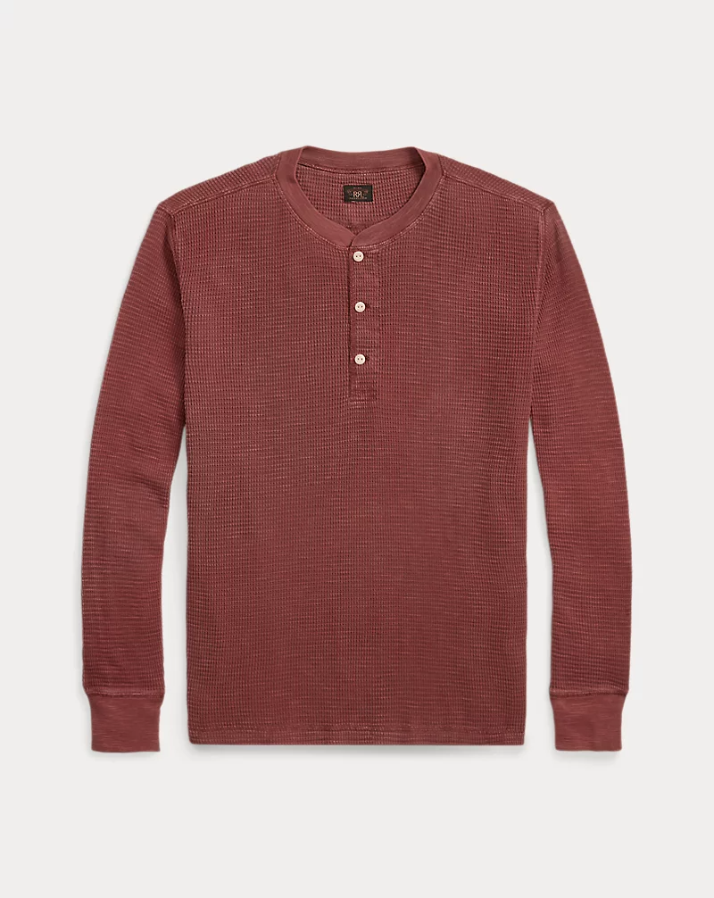 Double RL - Garment-Dyed Waffle-Knit Henley Shirt in Wine