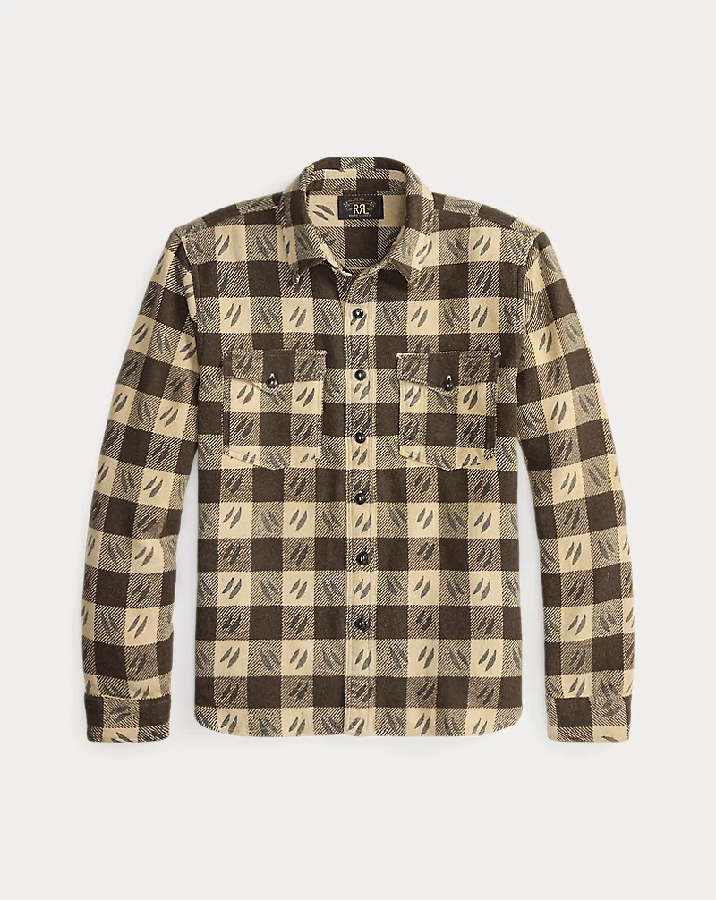 Double RL - Leaf-Print Checked Twill Workshirt - Brown/Cream