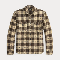 Double RL - Leaf-Print Checked Twill Workshirt - Brown/Cream