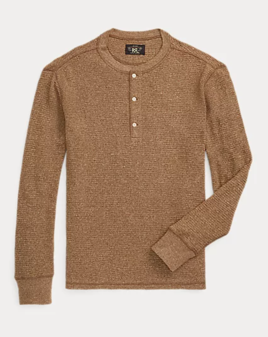 Double RL - Waffle-Knit Henley Shirt in Brown Heather