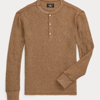 Double RL - Waffle-Knit Henley Shirt in Brown Heather