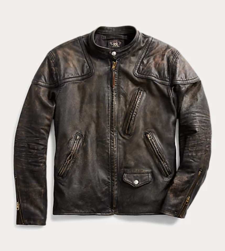 Double RL - Slim Fit Leather Moto Jacket in Black/Brown