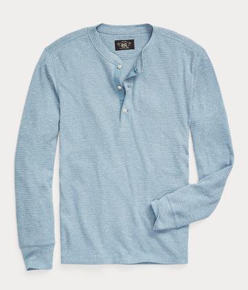 Double RL - Garment-Dyed Waffle-Knit Henley Shirt in Blue Heather