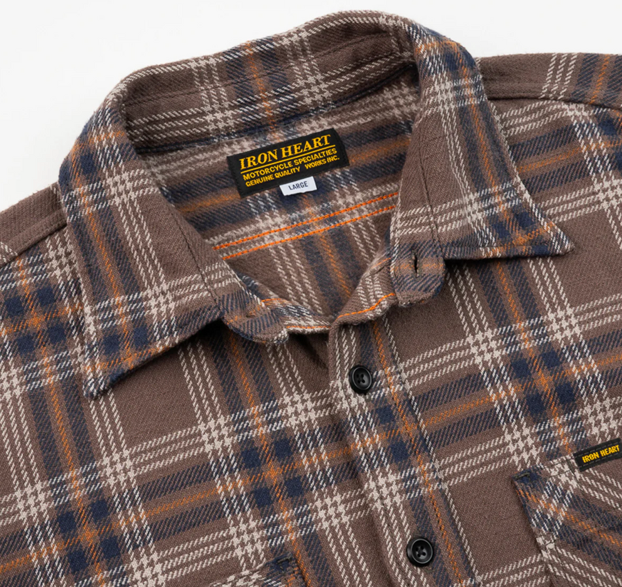 Iron Heart - Slubby Heavy Flannel Check Work Overshirt in Brown