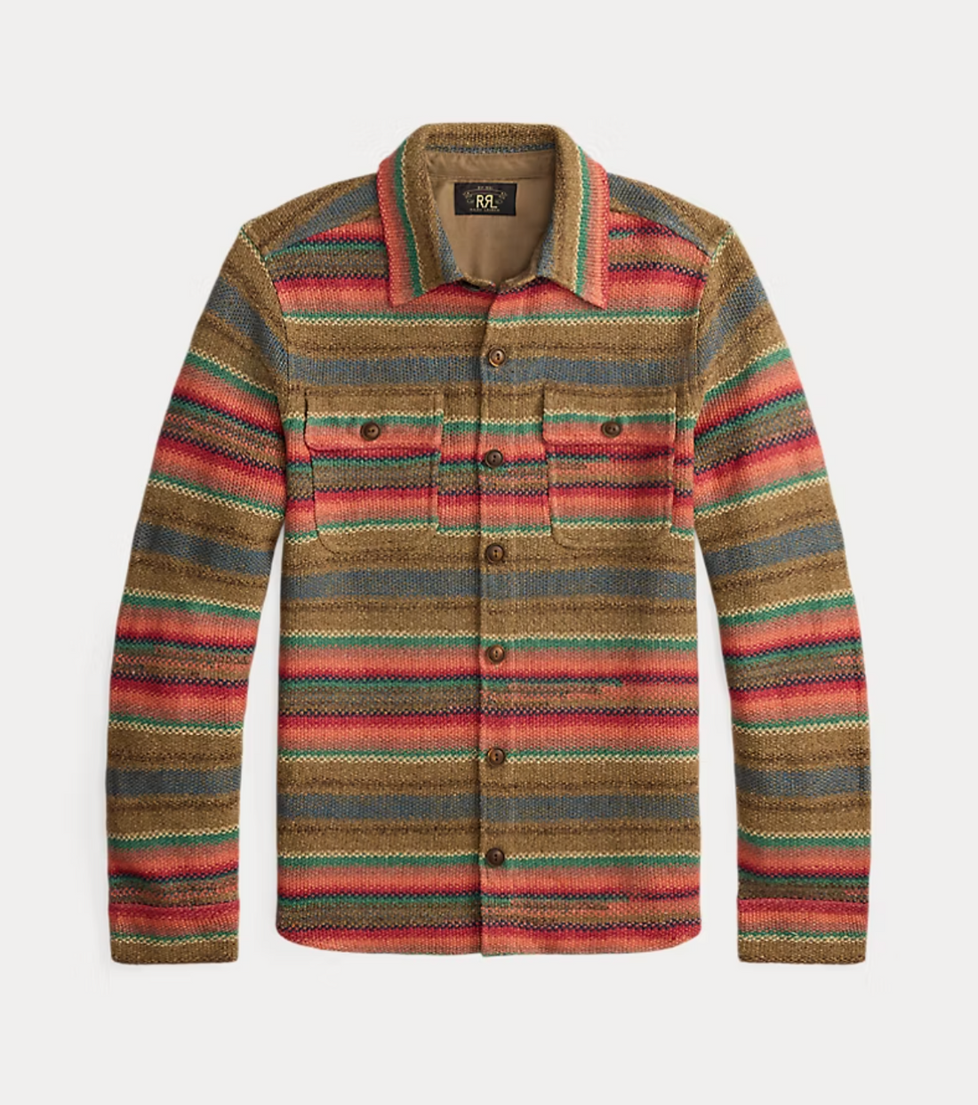 Double RL - Striped Linen-Silk Workshirt Sweater in Tan Red Multi