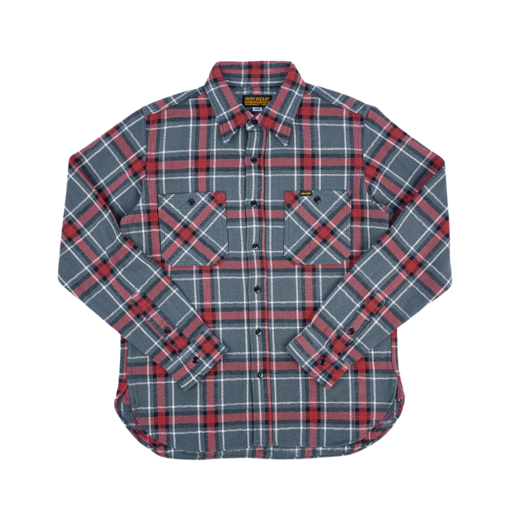 Iron Heart - 12oz Slubby Heavy Flannel Herringbone Check Western Shirt in Grey