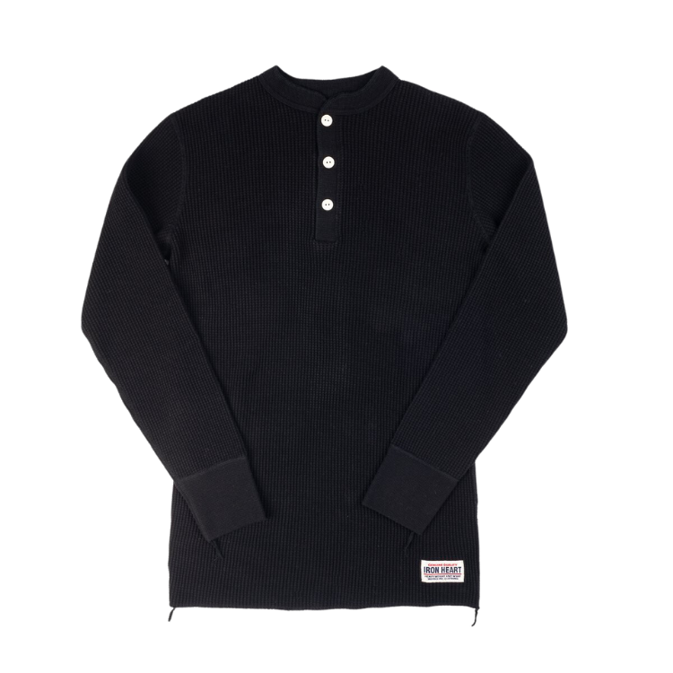 Iron Heart - Waffle Knit Long Sleeved Thermal Henley in Black