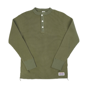 Iron Heart - Waffle Knit Long Sleeved Thermal Henley in Olive