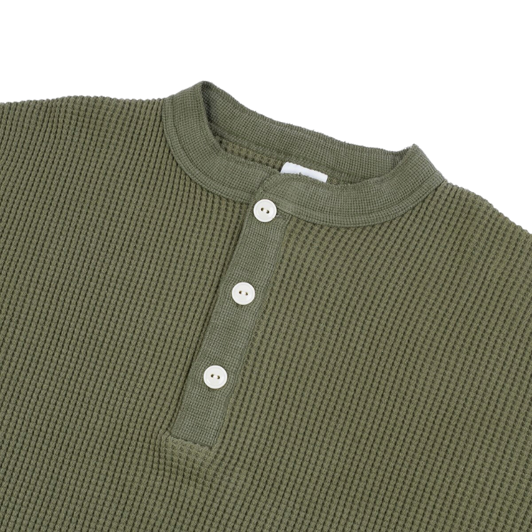 Iron Heart - Waffle Knit Long Sleeved Thermal Henley in Olive