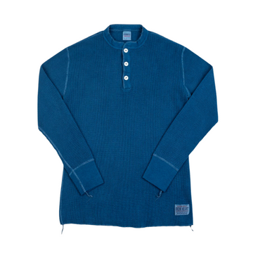 Iron Heart - Waffle Knit Long Sleeved Thermal Henley in Indigo Dyed
