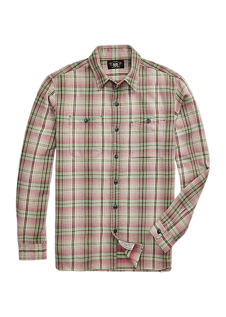 Double RL - Plaid Twill Workshirt in Sage/PInk