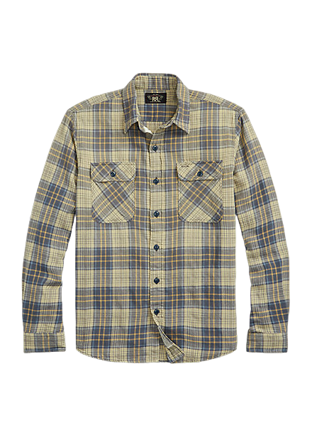 Double RL - Plaid Twill Workshirt in Faded Blue/Yellow